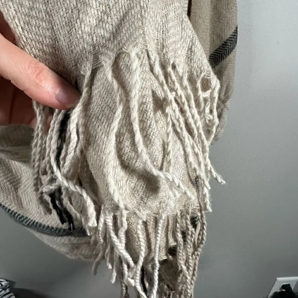 Three Dots tan beige window pane fringe trim wrap shawl blacker scarf